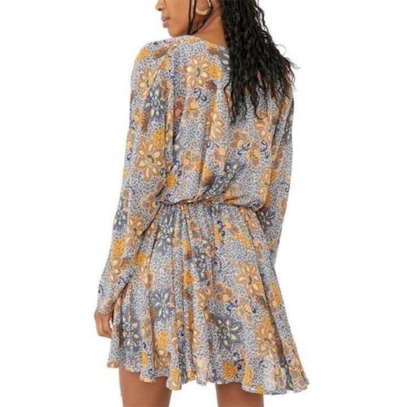 [Free People] Blue Mustard Paisley floral print Oversize Asymmetric Mini Dress. - Picture 3 of 15